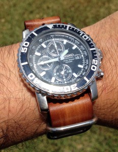 Seiko Chronograph on Strapsco 22mm Brown Vintage NATO G10 Leather watch strap with polished rings...Awesome!!!