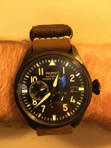 Parnis big pilot power reserve w/ NATO G10 dark brown w/black hardware