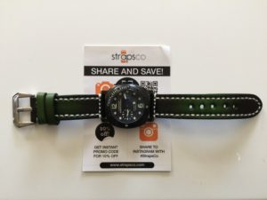 Green-black white stitch on black watch