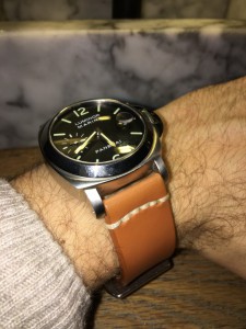 Luminor with beige casual strap with Panerai style clasp.