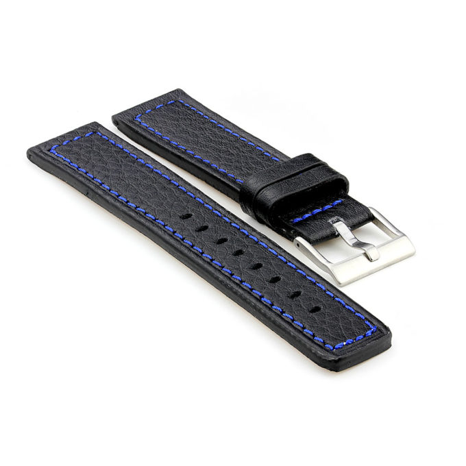 362.1.5 Thick Textured Leather Watch Strap in Black w Blue Stitching