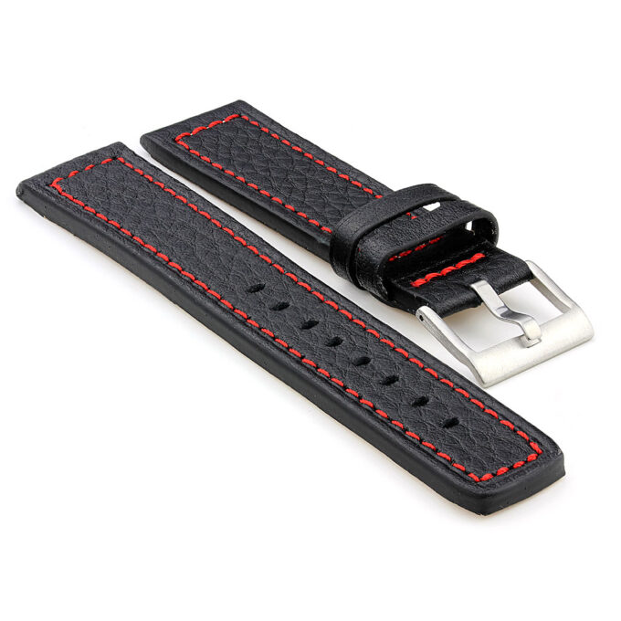 362.1.6 Thick Textured Leather Watch Strap Black w Red Stitching