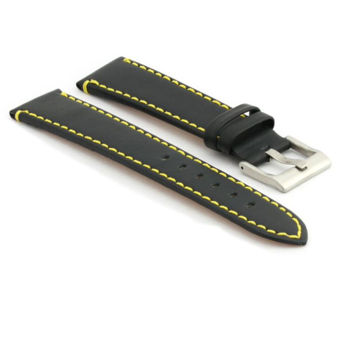 372.1.10 Flat Leather Watch Strap with Contrast Stitching in Black with Yellow Stitching