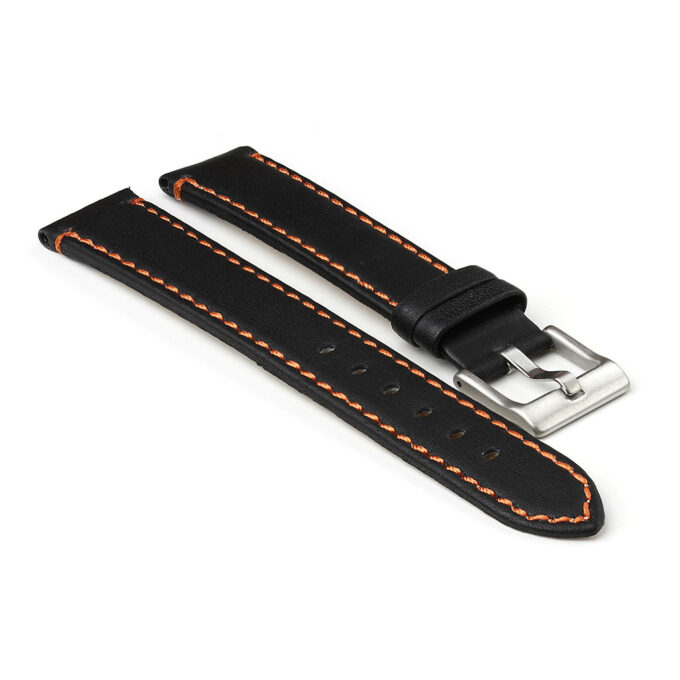 372.1.12 Flat Leather Watch Strap with Contrast Stitching in Black with Orange Stitching