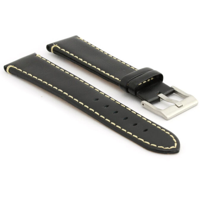 372.1.22 Flat Leather Watch Strap with Contrast Stitching in Black with White Stitching