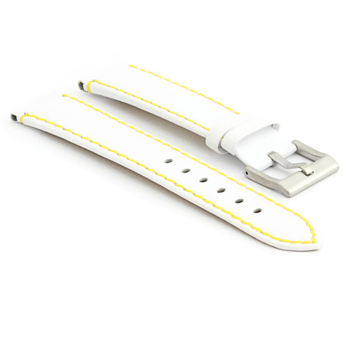 372.22.10 Flat Leather Watch Strap with Contrast Stitching in White with Yellow Stitching
