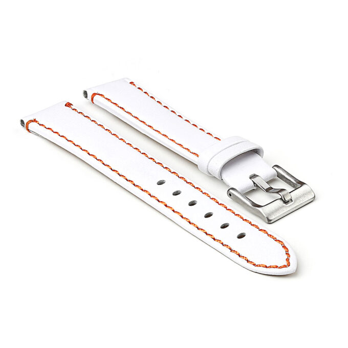372.22.12 Flat Leather Watch Strap with Contrast Stitching in White with Orange Stitching