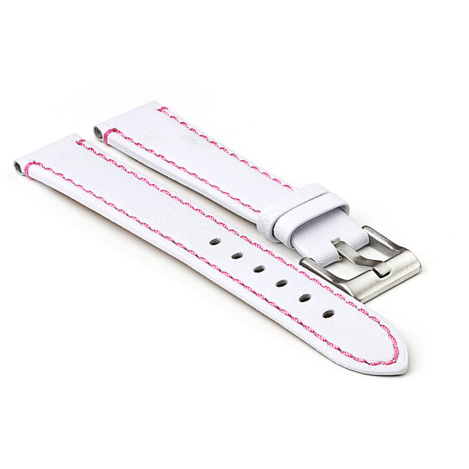 372.22.13 Flat Leather Watch Strap with Contrast Stitching in White with Pink Stitching