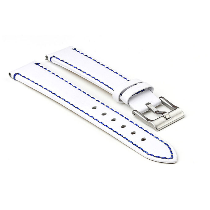 372.22.5 Flat Leather Watch Strap with Contrast Stitching in White with Blue Stitching