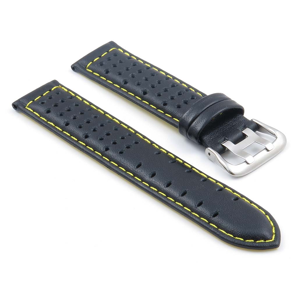 380.1.10 Perforated Leather Rally Watch Strap in Black with Yellow Stitching