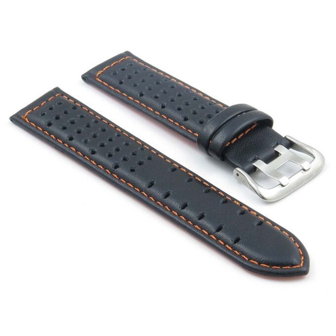 380.1.12 Perforated Leather Rally Watch Strap in Black with Orange Stitching