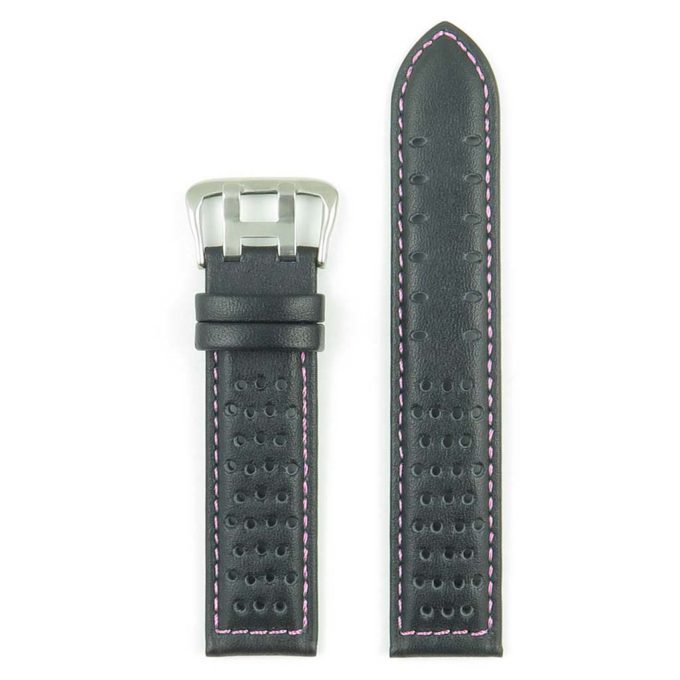 380.1.13 Perforated Leather Rally Watch Strap in Black with Pink Stitching