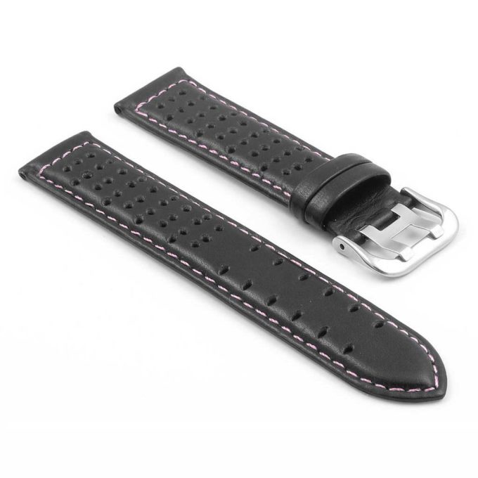380.1.13 Perforated Leather Rally Watch Strap in Black with Pink Stitching