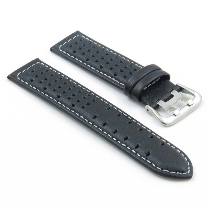 380.1.22 Perforated Leather Rally Watch Strap in Black with White Stitching