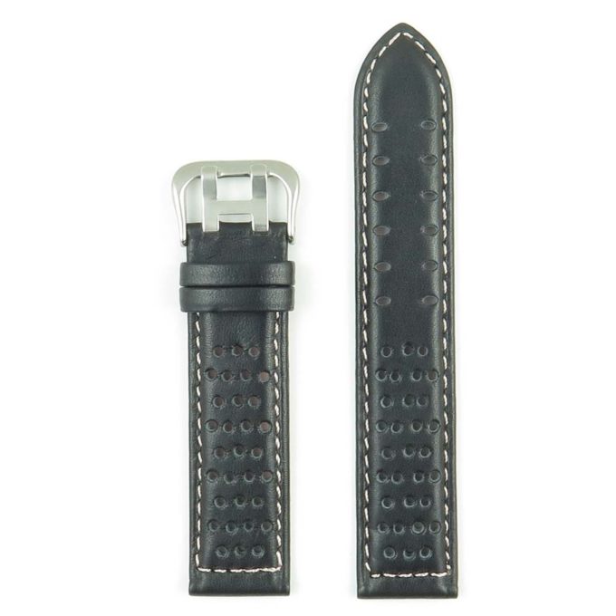 380.1.22 Perforated Leather Rally Watch Strap in Black with White Stitching
