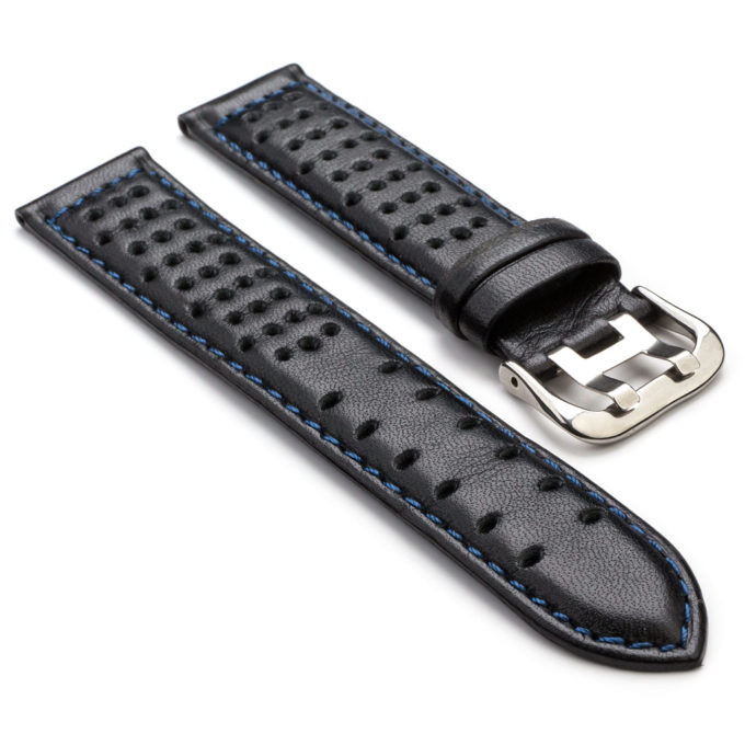 380.1.5 Perforated Leather Rally Watch Strap in Black with Blue Stitching