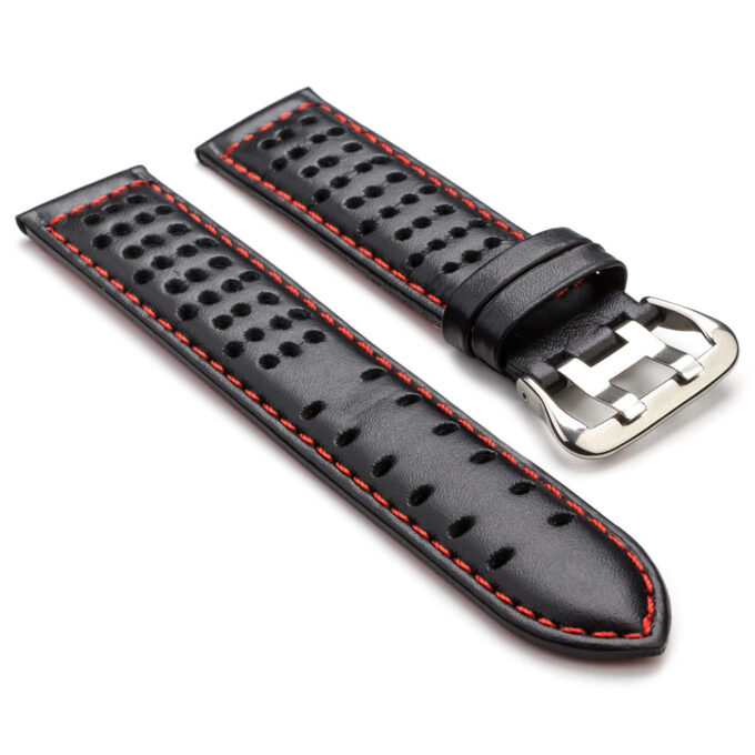 380.1.6 Perforated Leather Rally Watch Strap in Black with Red Stitching