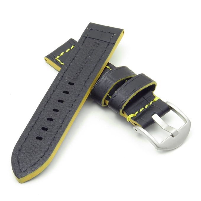 DASSARI Flash ds2.1.10 Thick Croc Embossed Leather Strap with Contrasting Colors in black w yellow stitching
