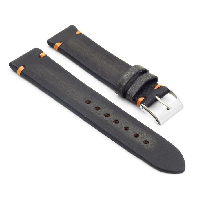 st8.1.12 Distressed Vintage Leather Watch Strap in black with orange stitching