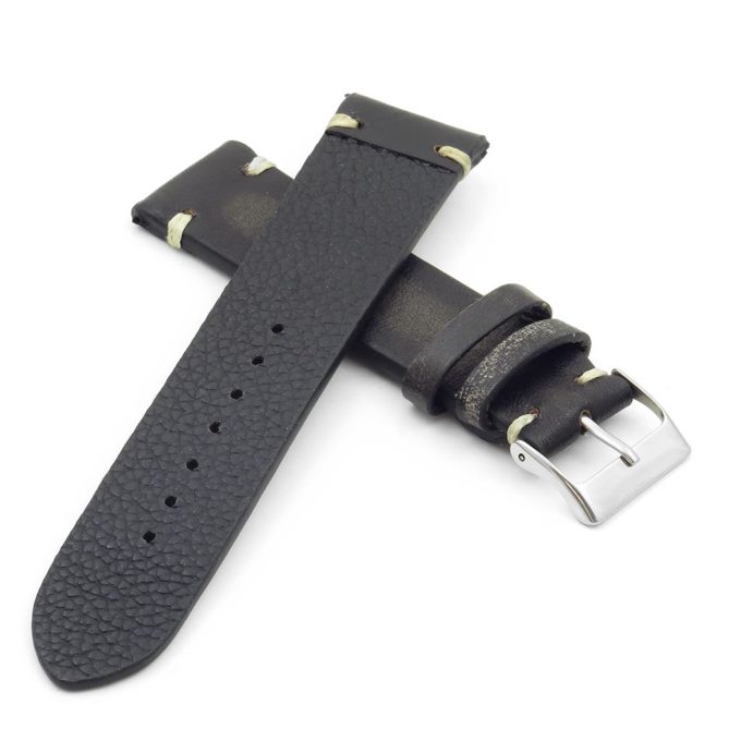 st8.1.22 Distressed Vintage Leather Watch Strap in black with white stitching