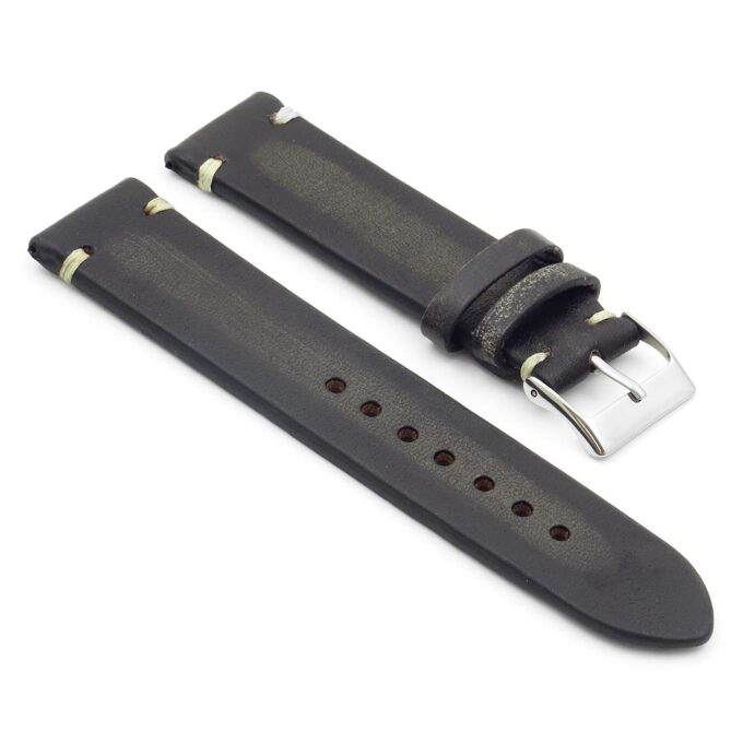 st8.1.22 Distressed Vintage Leather Watch Strap in black with white stitching
