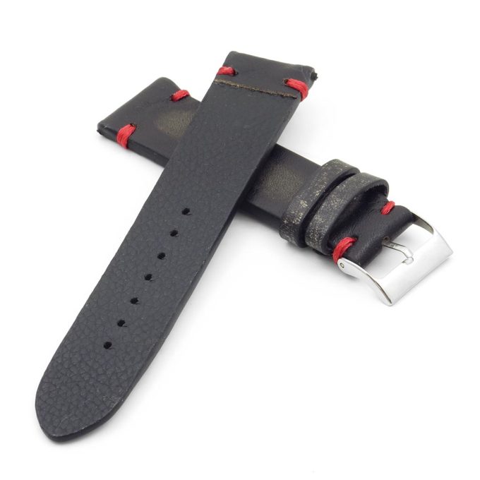st8.1.6 Distressed Vintage Leather Watch Strap in black with red stitching
