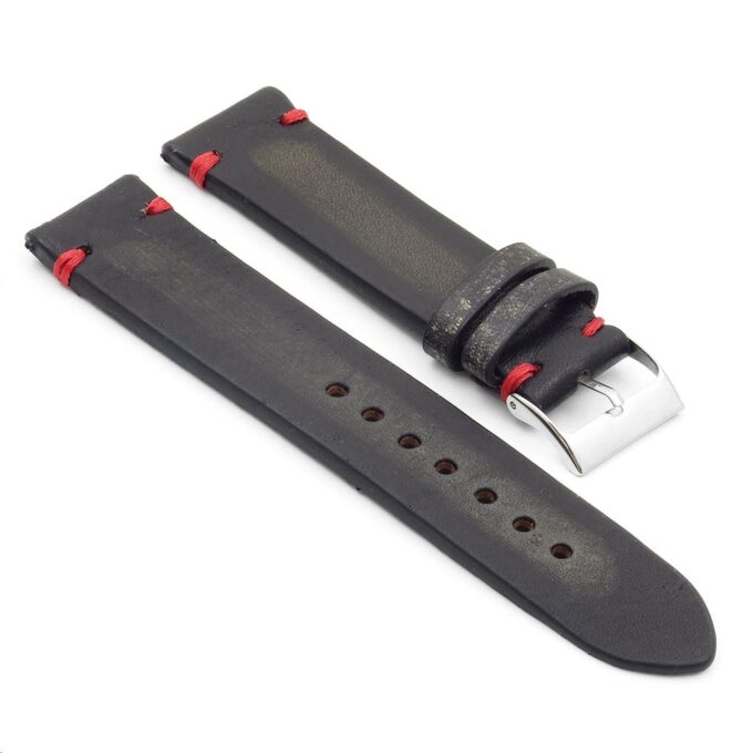 st8.1.6 Distressed Vintage Leather Watch Strap in black with red stitching