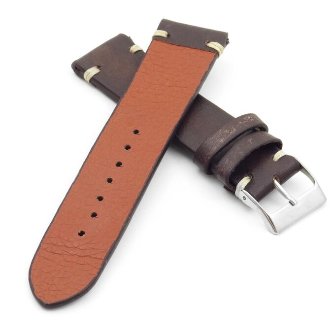 st8.2.22 Distressed Vintage Leather Watch Strap in brown with white stitching