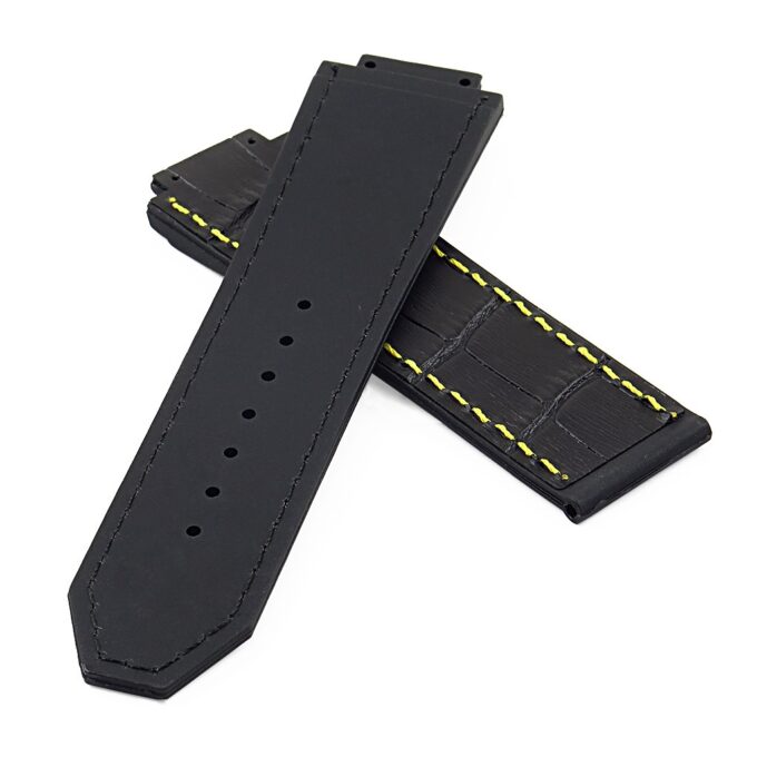 p622.1.10 DASSARI Croc Embossed leather Strap for Hublot Big Bang in Black W Yellow Stitching 2