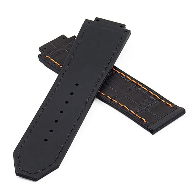 p622.1.12 DASSARI Croc Embossed leather Strap for Hublot Big Bang in Black W Orange Stitching 2