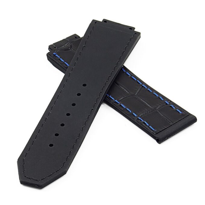 p622.1.5 DASSARI Croc Embossed leather Strap for Hublot Big Bang in Black W Blue Stitching 2