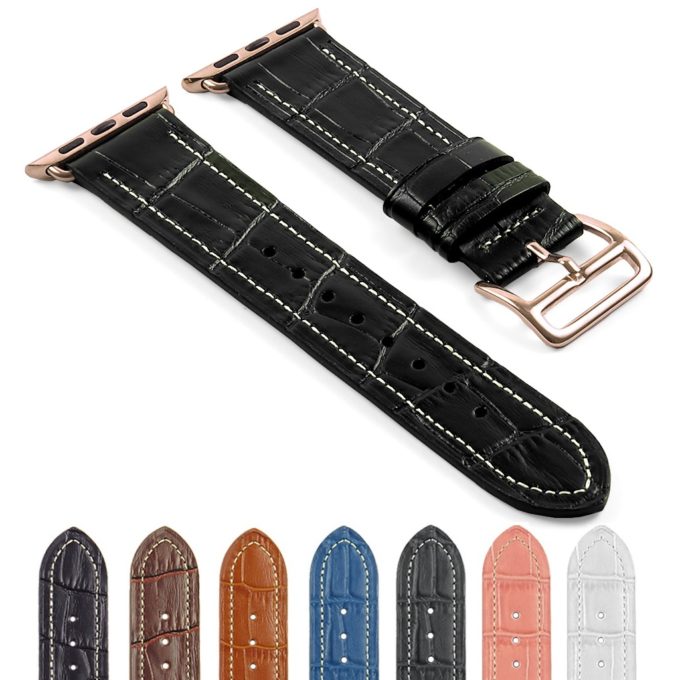 DASSARI Croc Embossed Leather Strap for Apple Watch in Black w Rose Gold Buckle