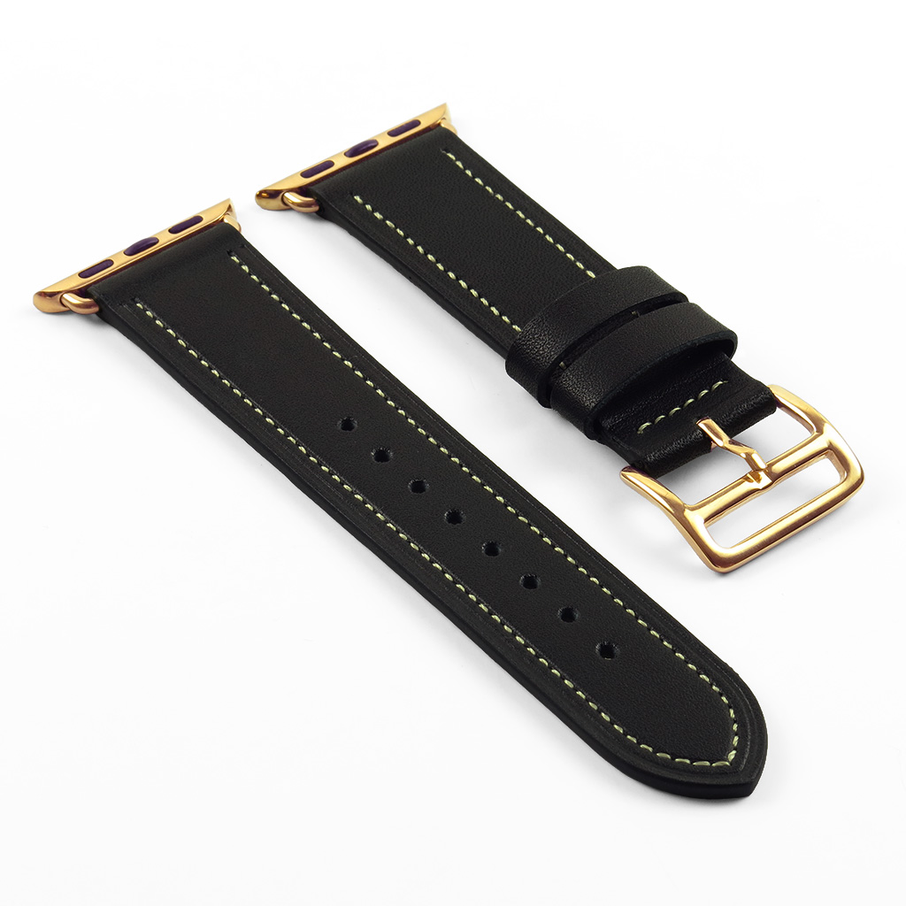 a.l6.1.yg DASSARI Smooth Leather Strap for Apple in Black w Yellow Gold Buckle