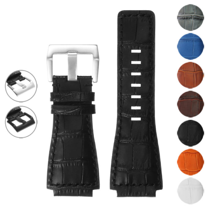 br6.1 NEW Gallery DASSARI Croc Embossed Leather Watch Strap for Bell & Ross in Black