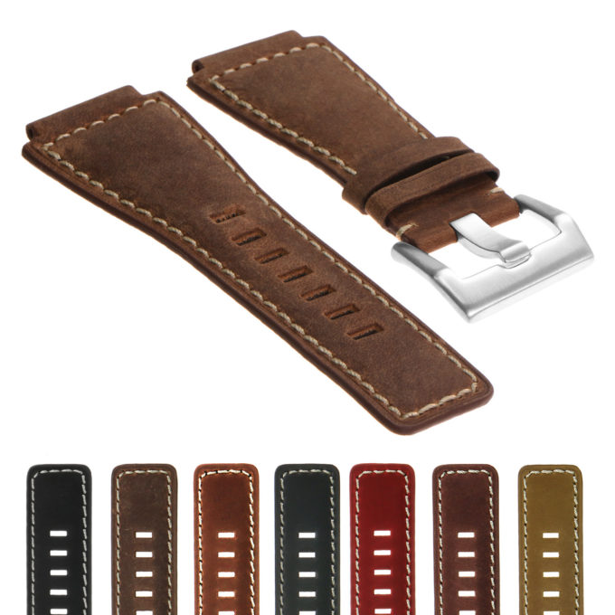 Br6.2 Gallery DASSARI Distressed Leather Watch Strap For Bell & Ross In Brown With Brushed Buckle