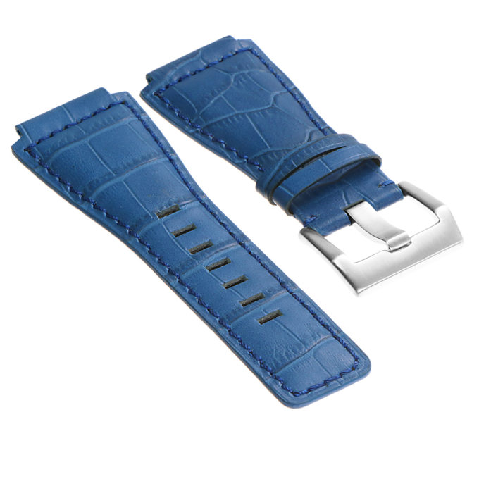 Br6.5 DASSARI Croc Embossed Leather Watch Strap For Bell & Ross In Blue With Brushed Buckle