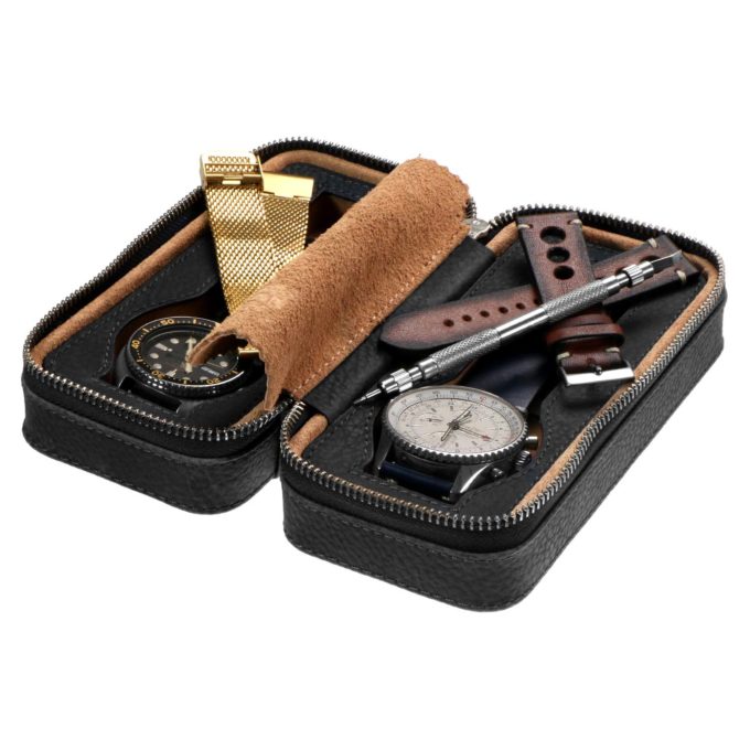 Zc.2.1 Vintage Leather Zippered Watch Case In Black