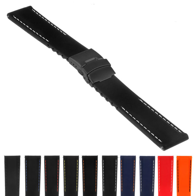 Rubber Strap In Black W White Stitching & Matte Black Clasp