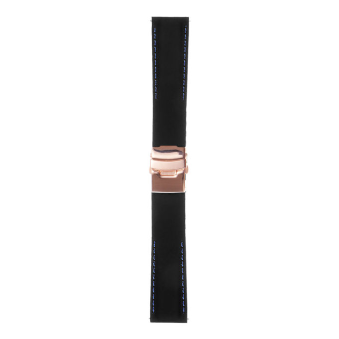 Rubber Strap In Black W Blue Stitching & Rose Gold Clasp