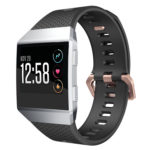 Fb.r18.1.rg Front Fitbit Ionic Silicone Rubber Sports Strap In Black W Rose Gold Buckle