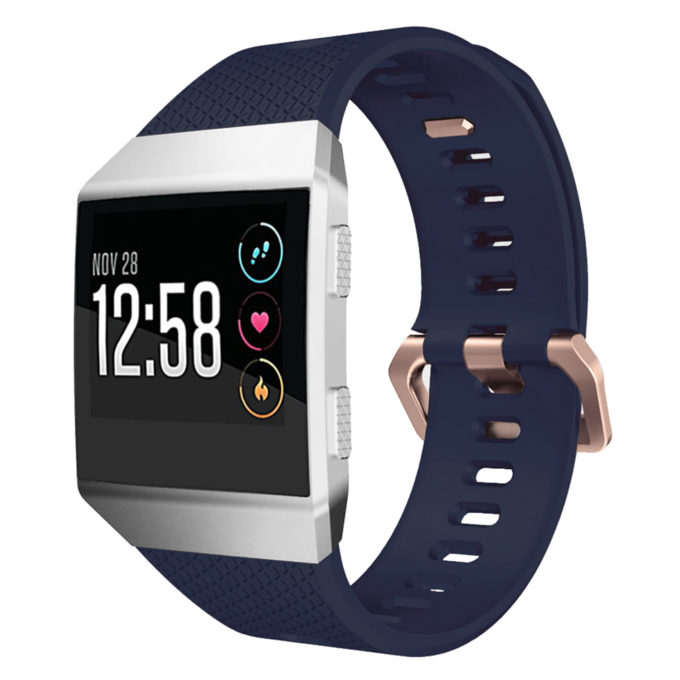 Fb.r18.5.rg Front Fitbit Ionic Silicone Rubber Sports Strap In Blue W Rose Gold Buckle