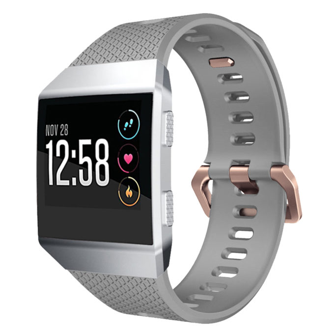 Fb.r18.7.rg Front Fitbit Ionic Silicone Rubber Sports Strap In Grey W Rose Gold Buckle