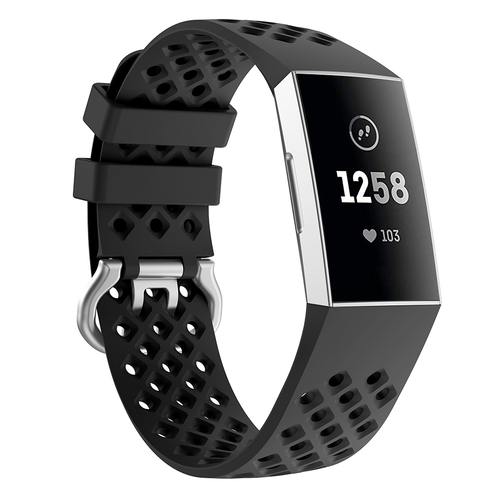 Fb.r33.1 Front Black Perforated Silicone Rubber Replacement Watch Band Strap For Fitbit Charge 3