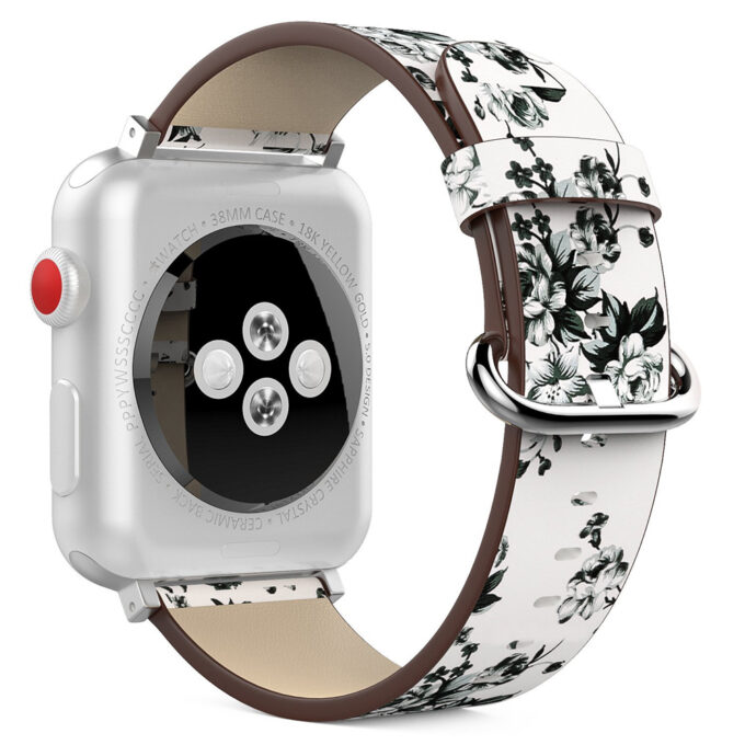 A.l11.22 Back White StrapsCo Leather Watch Band Strap With Peonies Floral Pattern For Apple Watch Series 1234 38mm 40mm 42mm 44mm