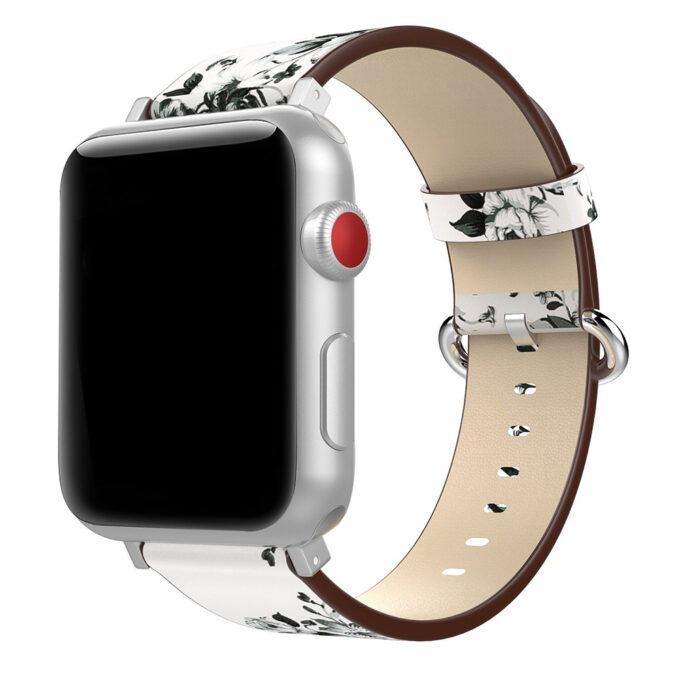 A.l11.22 Main White StrapsCo Leather Watch Band Strap With Peonies Floral Pattern For Apple Watch Series 1234 38mm 40mm 42mm 44mm