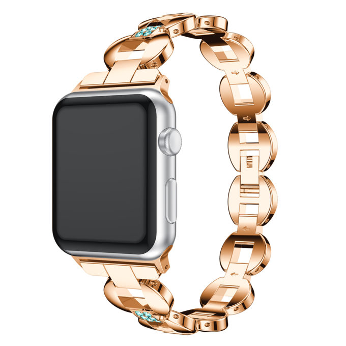 A.m18.rg.5 Main Rose Gold & Blue StrapsCo Alloy Metal Link Watch Bracelet Band With Rhinestones For Apple Watch Series 1234 38mm 40mm 42mm 44mm