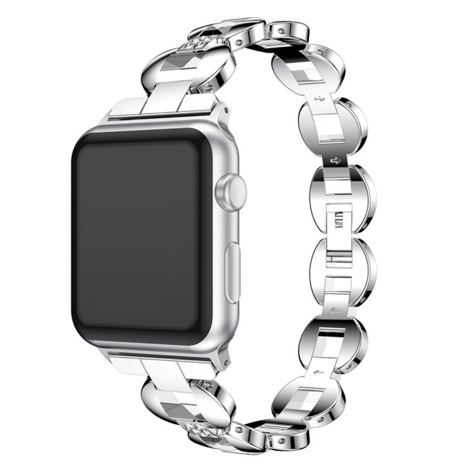 A.m18.ss.22 Main Silver & White StrapsCo Alloy Metal Link Watch Bracelet Band With Rhinestones For Apple Watch Series 1234 38mm 40mm 42mm 44mm