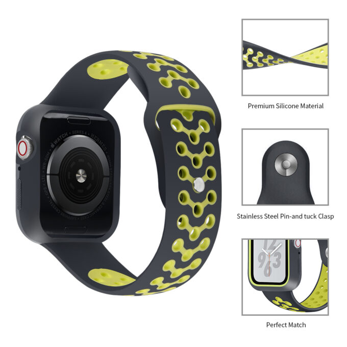 A.r8.1.10 Diagram Black & Yellow StrapsCo Silicone Rubber Watch Band Strap With Case Protector For Apple Watch Series 4 40mm 44mm
