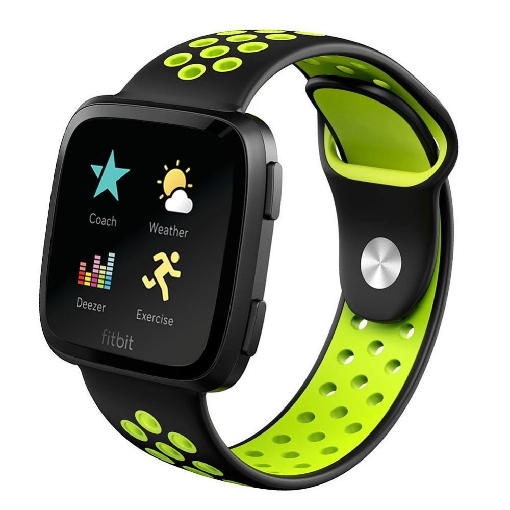 Black & Green Perforated Rubber Rally Watch Band Strap For Fitbit Versa