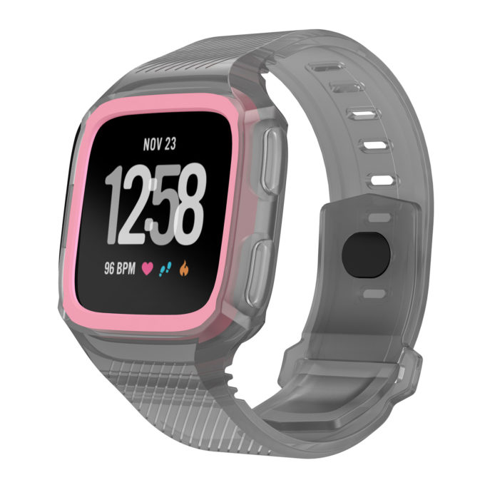 Fb.r36.7.13 Main Grey & Pink StrapsCo Silicone Rubber Watch Band Strap With Case Protector For Fitbit Versa